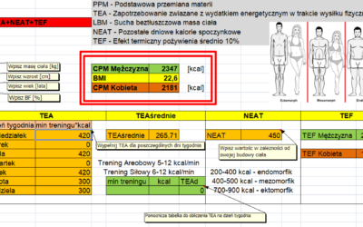 Obliczanie całkowitej przemiany materii CPM i poziomu tkanki tłuszczowej %BF – plik MS Excel